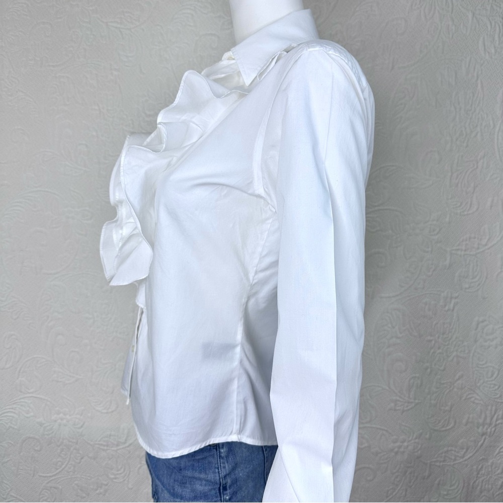Lauren Ralph Lauren White Cotton Ruffle Front Button Down Shirt - Picture 10 of 16